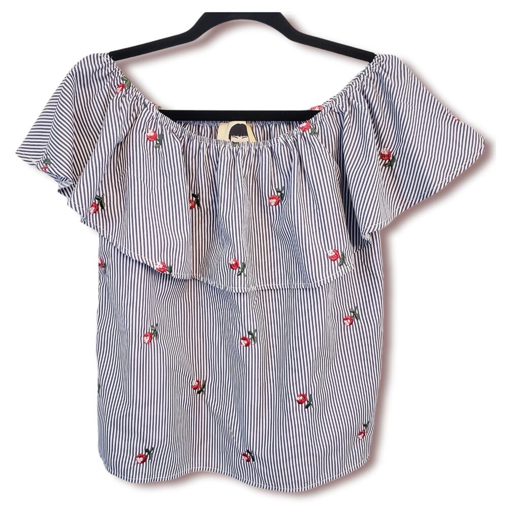 Girl Evolution Blue and White Stripe Top with Roses Size Medium